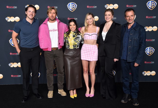 LAS VEGAS, NEVADA - APRIL 25: (L-R) Tom Ackerley, Ryan Gosling, America Ferrera, Margot Robbie, Greta Gerwig and David Heyman attend the State of the Industry and Warner Bros. Pictures Presentation at The Colosseum at Caesars Palace during CinemaCon, the official convention of the National Association of Theatre Owners, on April 25, 2023, in Las Vegas, Nevada. (Photo by Alberto E. Rodriguez/Getty Images for CinemaCon)